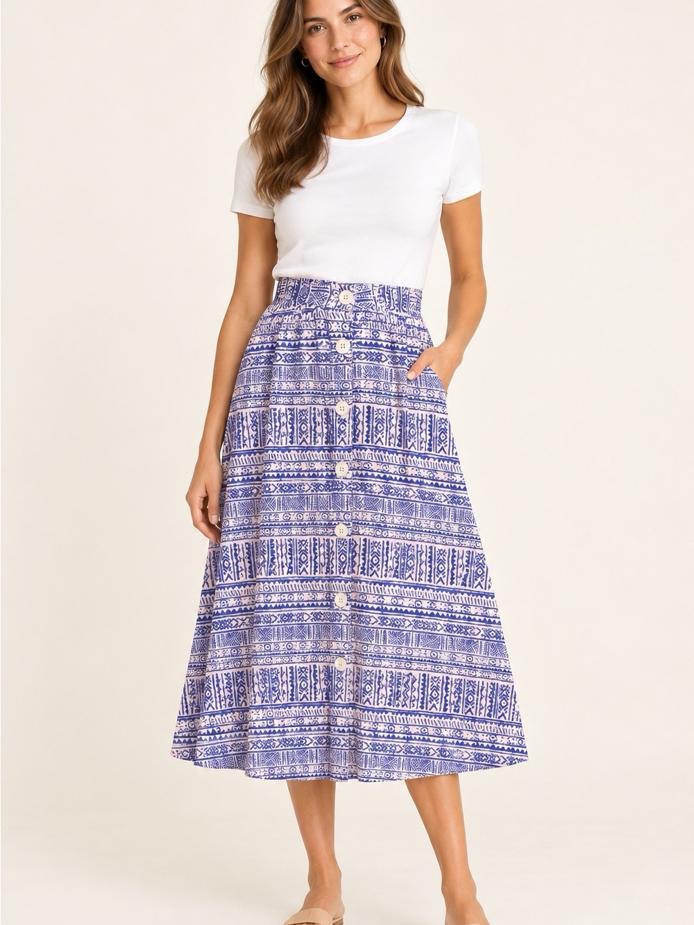 American Apparel Blue & White Geometric Print Button Front Skirt - Size Small